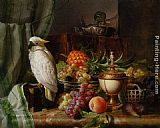 Grapes Paintings - A Cockatoo Grapes Figs Plums a Pineapple and a Peach by Josef Schuster